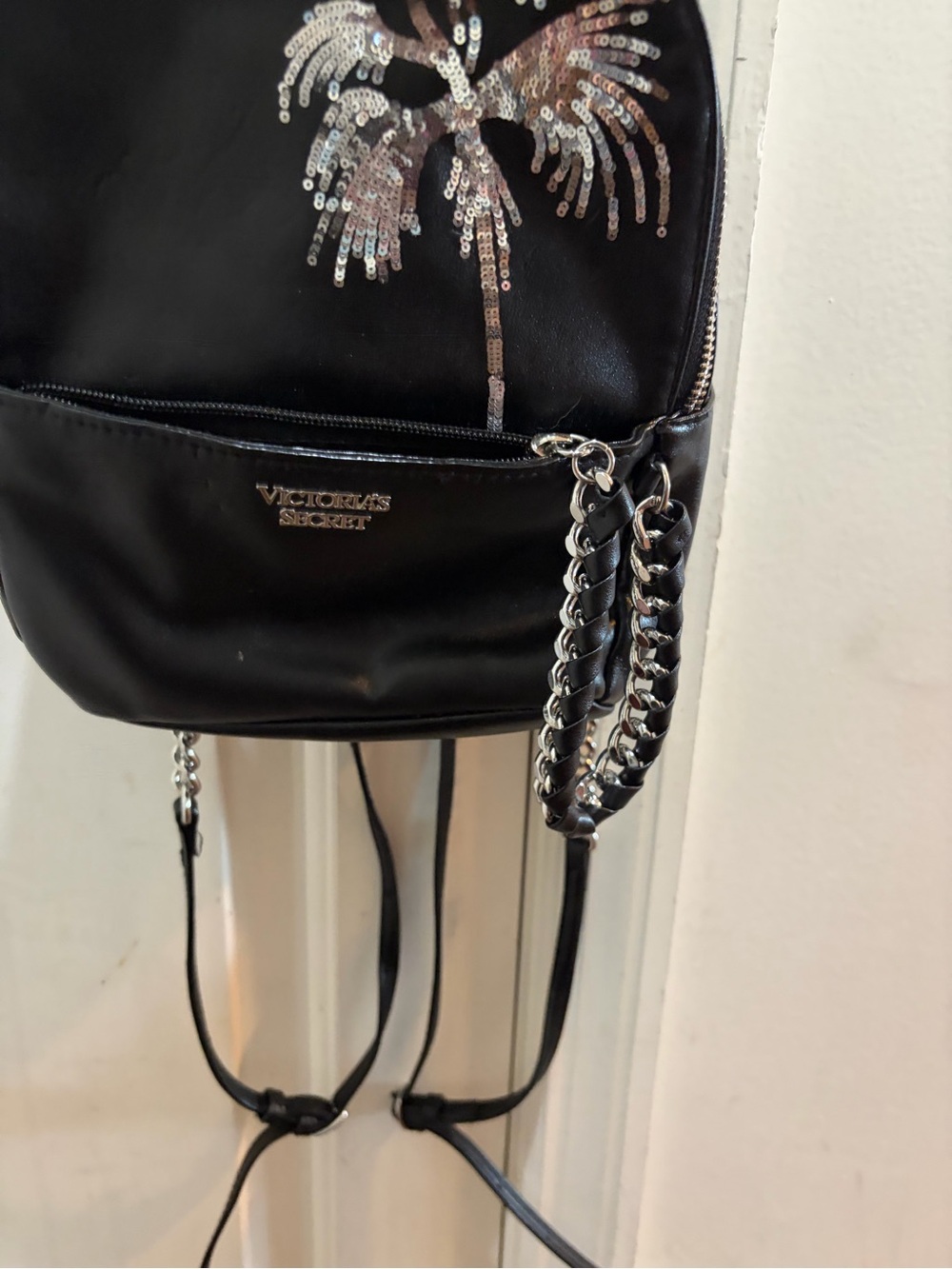 Victoria's Secret Black Mini Backpack with Silver Chain and Palm Accent - Picture 4 of 16